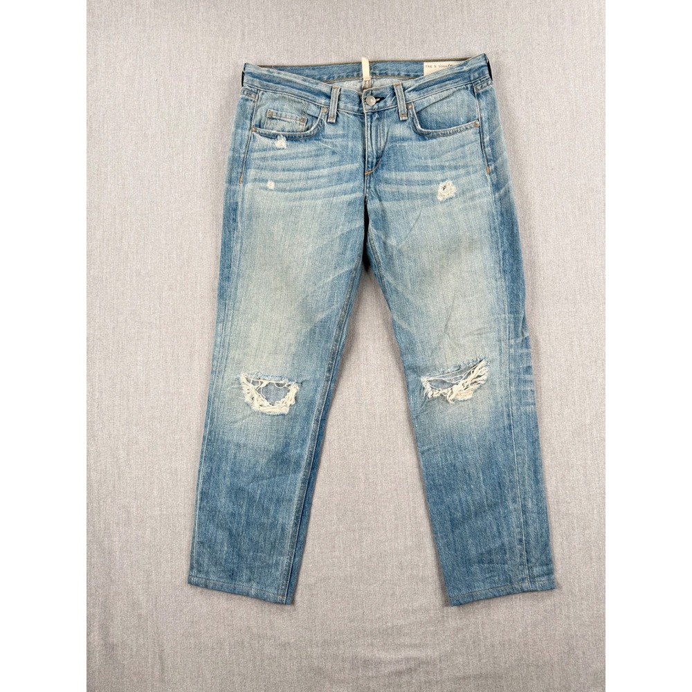 Rag & Bone JEAN Boyfriend Jeans Moss w Holes Distressed Light Wash Denim 24